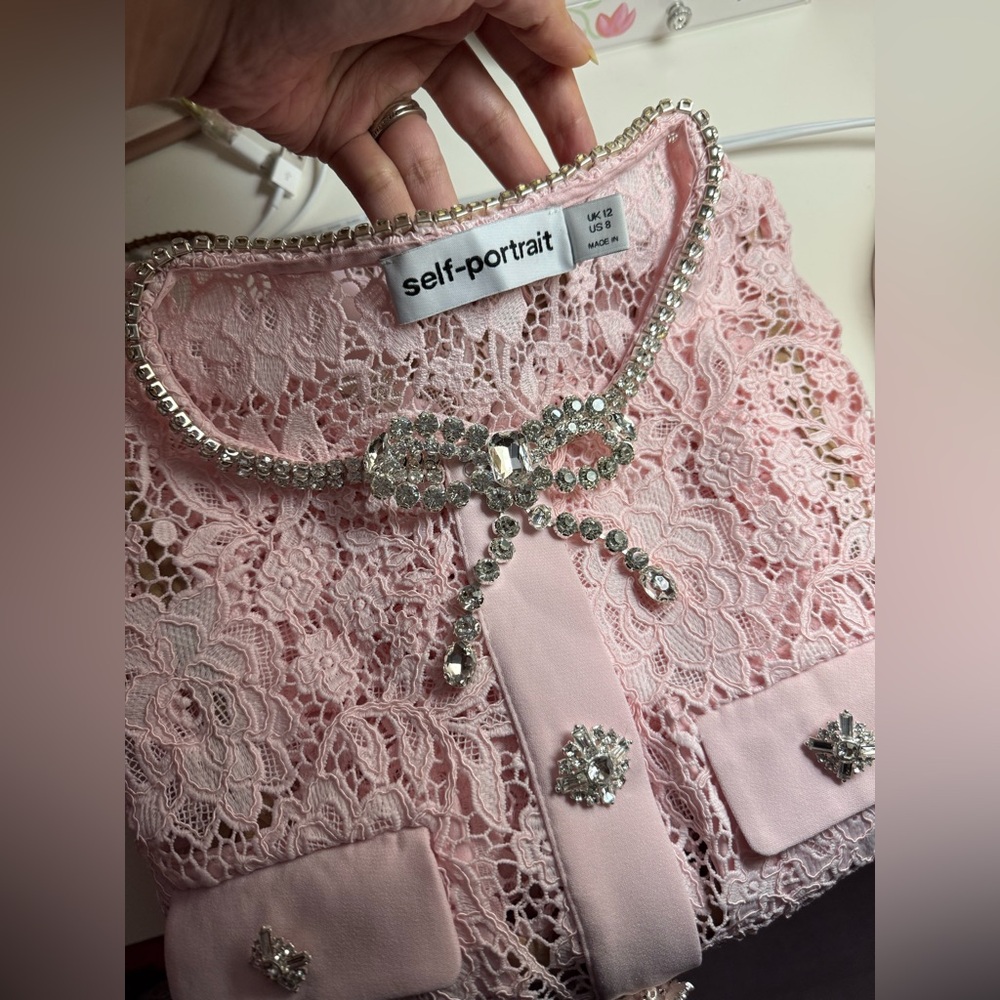 Self-Portrait PINK LACE DIAMANTE BOW MIDI DRESS Size 8 NWT. - Picture 7 of 7